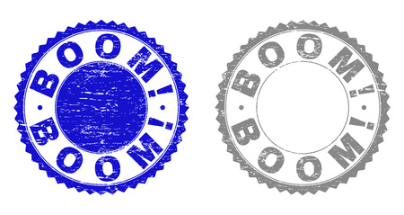 Grunge BOOM! stamp seals isolated on a white background. Rosette seals with grunge texture in blue and gray colors. Vector rubber overlay of BOOM! text inside round rosette.のイラスト素材