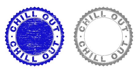 Grunge CHILL OUT stamp seals isolated on a white background. Rosette seals with grunge texture in blue and gray colors. Vector rubber watermark of CHILL OUT tag inside round rosette.のイラスト素材