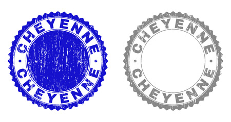 Grunge CHEYENNE stamp seals isolated on a white background. Rosette seals with grunge texture in blue and grey colors. Vector rubber watermark of CHEYENNE tag inside round rosette.のイラスト素材