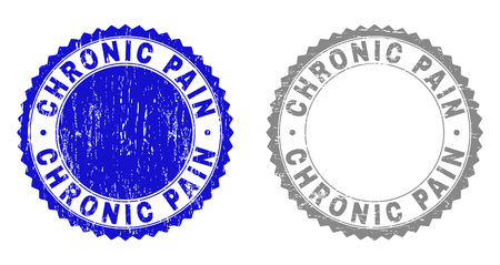 Grunge CHRONIC PAIN stamp seals isolated on a white background. Rosette seals with grunge texture in blue and grey colors. Vector rubber watermark of CHRONIC PAIN tag inside round rosette.のイラスト素材