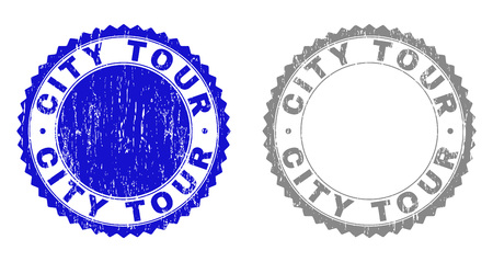 Grunge CITY TOUR stamp seals isolated on a white background. Rosette seals with grunge texture in blue and grey colors. Vector rubber stamp imprint of CITY TOUR caption inside round rosette.のイラスト素材