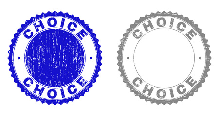 Grunge CHOICE stamp seals isolated on a white background. Rosette seals with grunge texture in blue and gray colors. Vector rubber overlay of CHOICE title inside round rosette.のイラスト素材