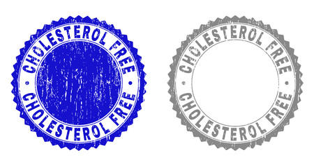 Grunge CHOLESTEROL FREE stamp seals isolated on a white background. Rosette seals with grunge texture in blue and grey colors. Vector rubber watermark of CHOLESTEROL FREE title inside round rosette.のイラスト素材