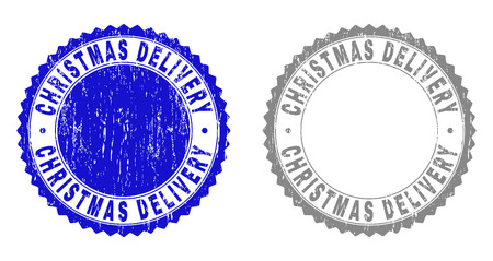 Grunge CHRISTMAS DELIVERY stamp seals isolated on a white background. Rosette seals with grunge texture in blue and grey colors.のイラスト素材