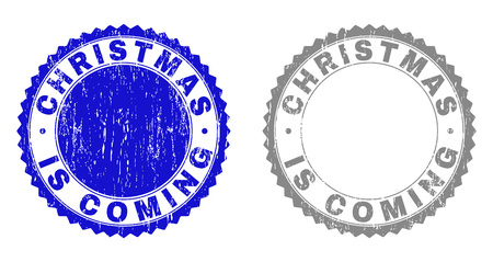 Grunge CHRISTMAS IS COMING stamp seals isolated on a white background. Rosette seals with grunge texture in blue and grey colors.のイラスト素材