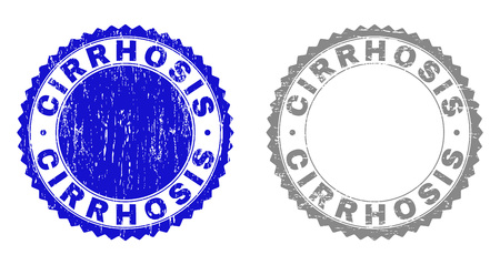 Grunge CIRRHOSIS watermarks isolated on a white background. Rosette seals with grunge texture in blue and grey colors. Vector rubber stamp imprint of CIRRHOSIS label inside round rosette.のイラスト素材