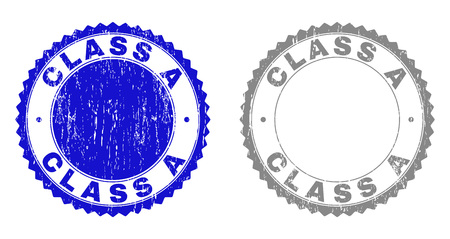 Grunge CLASS A stamp seals isolated on a white background. Rosette seals with grunge texture in blue and gray colors. Vector rubber stamp imitation of CLASS A label inside round rosette.のイラスト素材
