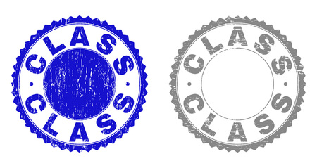 Grunge CLASS stamp seals isolated on a white background. Rosette seals with grunge texture in blue and gray colors. Vector rubber stamp imitation of CLASS label inside round rosette.のイラスト素材