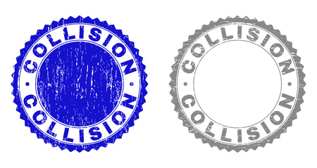 Grunge COLLISION stamp seals isolated on a white background. Rosette seals with grunge texture in blue and grey colors. Vector rubber stamp imprint of COLLISION text inside round rosette.のイラスト素材