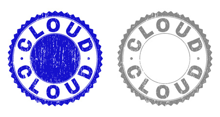 Grunge CLOUD stamp seals isolated on a white background. Rosette seals with grunge texture in blue and gray colors. Vector rubber stamp imitation of CLOUD text inside round rosette.のイラスト素材