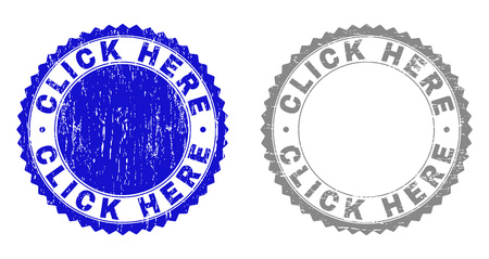 Grunge CLICK HERE stamp seals isolated on a white background. Rosette seals with grunge texture in blue and grey colors. Vector rubber stamp imprint of CLICK HERE tag inside round rosette.のイラスト素材