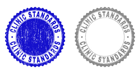 Grunge CLINIC STANDARDS stamp seals isolated on a white background. Rosette seals with distress texture in blue and grey colors. Vector rubber watermark of CLINIC STANDARDS title inside round rosette.のイラスト素材