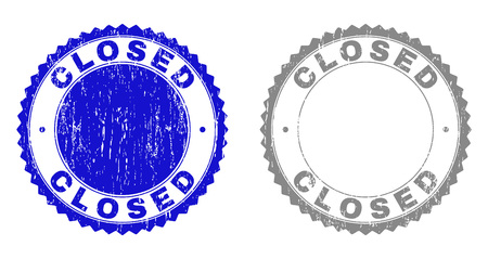 Grunge CLOSED stamp seals isolated on a white background. Rosette seals with grunge texture in blue and grey colors. Vector rubber stamp imitation of CLOSED caption inside round rosette.のイラスト素材
