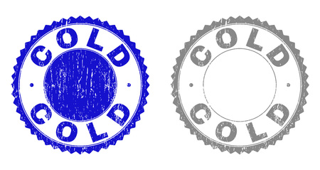 Grunge COLD stamp seals isolated on a white background. Rosette seals with grunge texture in blue and grey colors. Vector rubber stamp imitation of COLD text inside round rosette.のイラスト素材