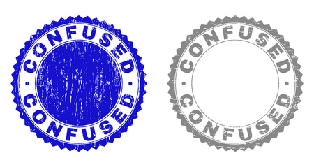 Grunge CONFUSED stamp seals isolated on a white background. Rosette seals with grunge texture in blue and grey colors. Vector rubber stamp imprint of CONFUSED caption inside round rosette.のイラスト素材
