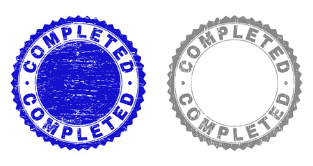 Grunge COMPLETED stamp seals isolated on a white background. Rosette seals with distress texture in blue and grey colors. Vector rubber stamp imprint of COMPLETED caption inside round rosette.のイラスト素材