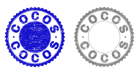 Grunge COCOS stamp seals isolated on a white background. Rosette seals with grunge texture in blue and grey colors. Vector rubber stamp imprint of COCOS caption inside round rosette.のイラスト素材