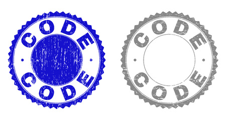 Grunge CODE stamp seals isolated on a white background. Rosette seals with grunge texture in blue and grey colors. Vector rubber stamp imitation of CODE tag inside round rosette.のイラスト素材