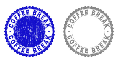 Grunge COFFEE BREAK stamp seals isolated on a white background. Rosette seals with distress texture in blue and grey colors. Vector rubber stamp imprint of COFFEE BREAK title inside round rosette.のイラスト素材