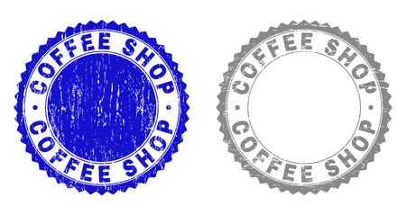 Grunge COFFEE SHOP stamp seals isolated on a white background. Rosette seals with distress texture in blue and grey colors. Vector rubber stamp imprint of COFFEE SHOP text inside round rosette.のイラスト素材