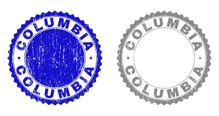 Grunge COLUMBIA stamp seals isolated on a white background. Rosette seals with grunge texture in blue and gray colors. Vector rubber stamp imitation of COLUMBIA label inside round rosette.のイラスト素材