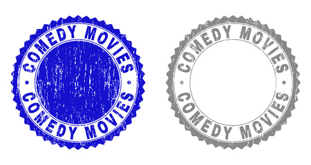 Grunge COMEDY MOVIES stamp seals isolated on a white background. Rosette seals with grunge texture in blue and gray colors. Vector rubber stamp imitation of COMEDY MOVIES caption inside round rosette.のイラスト素材