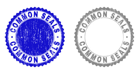 Grunge COMMON SEALS stamp seals isolated on a white background. Rosette seals with distress texture in blue and gray colors. Vector rubber overlay of COMMON SEALS label inside round rosette.のイラスト素材