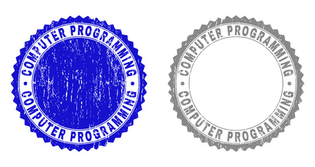 Grunge COMPUTER PROGRAMMING stamp seals isolated on a white background. Rosette seals with grunge texture in blue and grey colors.のイラスト素材