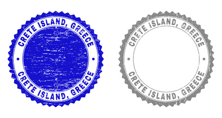 Grunge CRETE ISLAND, GREECE stamp seals isolated on a white background. Rosette seals with grunge texture in blue and grey colors. Vector rubber stamp imprint of CRETE ISLAND,のイラスト素材