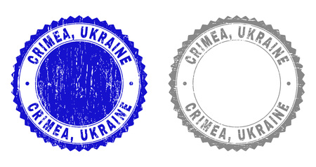 Grunge CRIMEA, UKRAINE stamp seals isolated on a white background. Rosette seals with grunge texture in blue and grey colors. Vector rubber stamp imprint of CRIMEA, UKRAINE label inside round rosette.のイラスト素材
