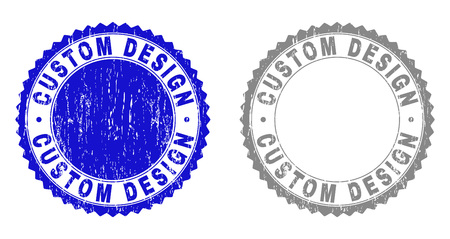 Grunge CUSTOM DESIGN stamp seals isolated on a white background. Rosette seals with grunge texture in blue and gray colors. Vector rubber stamp imitation of CUSTOM DESIGN title inside round rosette.のイラスト素材