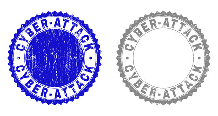 Grunge CYBER-ATTACK stamp seals isolated on a white background. Rosette seals with grunge texture in blue and gray colors. Vector rubber stamp imprint of CYBER-ATTACK label inside round rosette.のイラスト素材