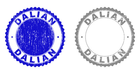 Grunge DALIAN stamp seals isolated on a white background. Rosette seals with grunge texture in blue and gray colors. Vector rubber stamp imprint of DALIAN text inside round rosette.のイラスト素材