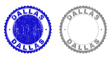 Grunge DALLAS stamp seals isolated on a white background. Rosette seals with grunge texture in blue and gray colors. Vector rubber stamp imprint of DALLAS text inside round rosette.のイラスト素材