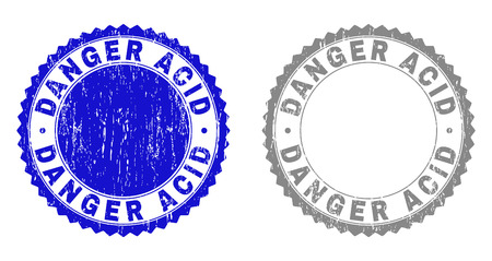 Grunge DANGER ACID stamp seals isolated on a white background. Rosette seals with distress texture in blue and gray colors. Vector rubber stamp imprint of DANGER ACID label inside round rosette.のイラスト素材