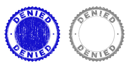 Grunge DENIED stamp seals isolated on a white background. Rosette seals with grunge texture in blue and gray colors. Vector rubber stamp imprint of DENIED label inside round rosette.のイラスト素材