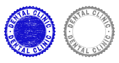 Grunge DENTAL CLINIC stamp seals isolated on a white background. Rosette seals with distress texture in blue and gray colors. Vector rubber stamp imitation of DENTAL CLINIC title inside round rosette.のイラスト素材