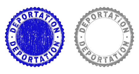 Grunge DEPORTATION stamp seals isolated on a white background. Rosette seals with grunge texture in blue and gray colors. Vector rubber stamp imitation of DEPORTATION caption inside round rosette.のイラスト素材