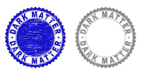 Grunge DARK MATTER stamp seals isolated on a white background. Rosette seals with grunge texture in blue and gray colors. Vector rubber stamp imprint of DARK MATTER title inside round rosette.のイラスト素材