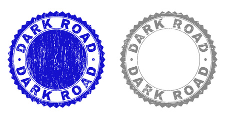 Grunge DARK ROAD stamp seals isolated on a white background. Rosette seals with grunge texture in blue and grey colors. Vector rubber stamp imprint of DARK ROAD text inside round rosette.のイラスト素材
