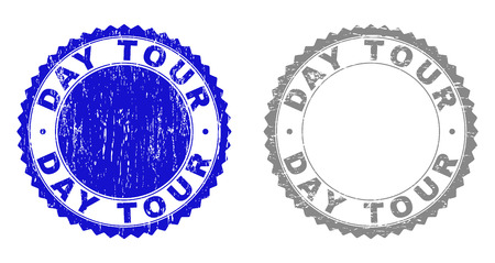 Grunge DAY TOUR stamp seals isolated on a white background. Rosette seals with grunge texture in blue and gray colors. Vector rubber overlay of DAY TOUR title inside round rosette.のイラスト素材