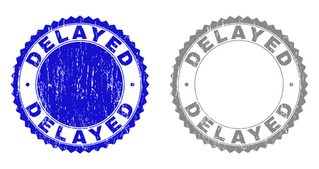 Grunge DELAYED stamp seals isolated on a white background. Rosette seals with grunge texture in blue and gray colors. Vector rubber overlay of DELAYED caption inside round rosette.のイラスト素材