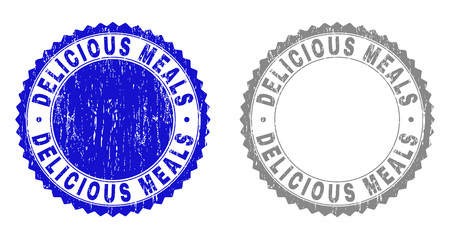 Grunge DELICIOUS MEALS stamp seals isolated on a white background. Rosette seals with grunge texture in blue and gray colors. Vector rubber stamp imprint of DELICIOUS MEALS label inside round rosette.のイラスト素材