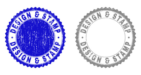 Grunge DESIGN & STAMP seals isolated on a white background. Rosette seals with distress texture in blue and gray colors. Vector rubber stamp imitation of DESIGN & STAMP tag inside round rosette.のイラスト素材