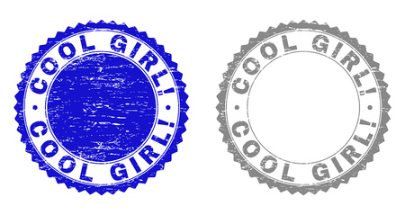 Grunge COOL GIRL! stamp seals isolated on a white background. Rosette seals with grunge texture in blue and gray colors. Vector rubber overlay of COOL GIRL! caption inside round rosette.のイラスト素材
