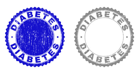 Grunge DIABETES stamp seals isolated on a white background. Rosette seals with grunge texture in blue and grey colors. Vector rubber stamp imitation of DIABETES label inside round rosette.のイラスト素材