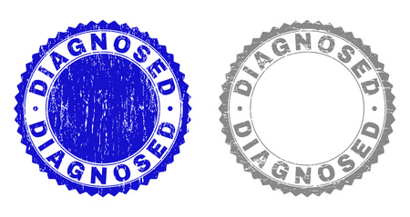 Grunge DIAGNOSED stamp seals isolated on a white background. Rosette seals with grunge texture in blue and gray colors. Vector rubber overlay of DIAGNOSED text inside round rosette.のイラスト素材