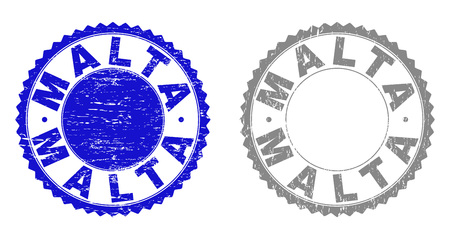 Grunge MALTA stamp seals isolated on a white background. Rosette seals with distress texture in blue and grey colors. Vector rubber stamp imprint of MALTA label inside round rosette.のイラスト素材