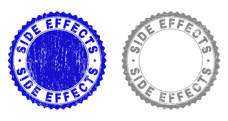 Grunge SIDE EFFECTS stamp seals isolated on a white background. Rosette seals with grunge texture in blue and gray colors. Vector rubber stamp imprint of SIDE EFFECTS text inside round rosette.のイラスト素材