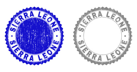 Grunge SIERRA LEONE stamp seals isolated on a white background. Rosette seals with grunge texture in blue and gray colors. Vector rubber overlay of SIERRA LEONE caption inside round rosette.のイラスト素材